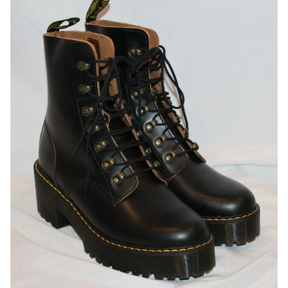 Dr. Martens Leona Women's Leather‎ Platform Boots Black US 9 NEW